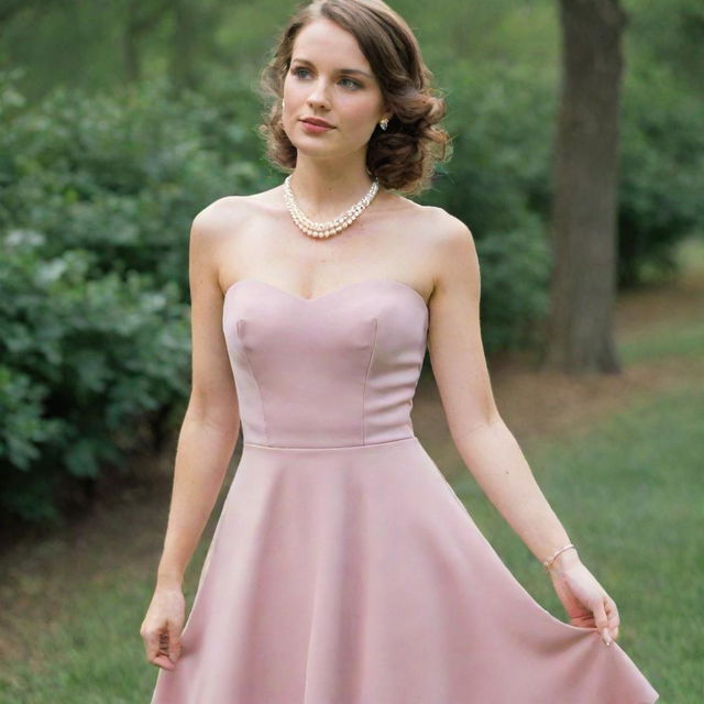 A graceful old rose-colored bridesmaid dress accessorized with classic pearl jewelry