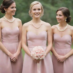 A graceful old rose-colored bridesmaid dress accessorized with classic pearl jewelry