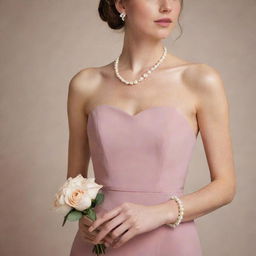 A graceful old rose-colored bridesmaid dress accessorized with classic pearl jewelry