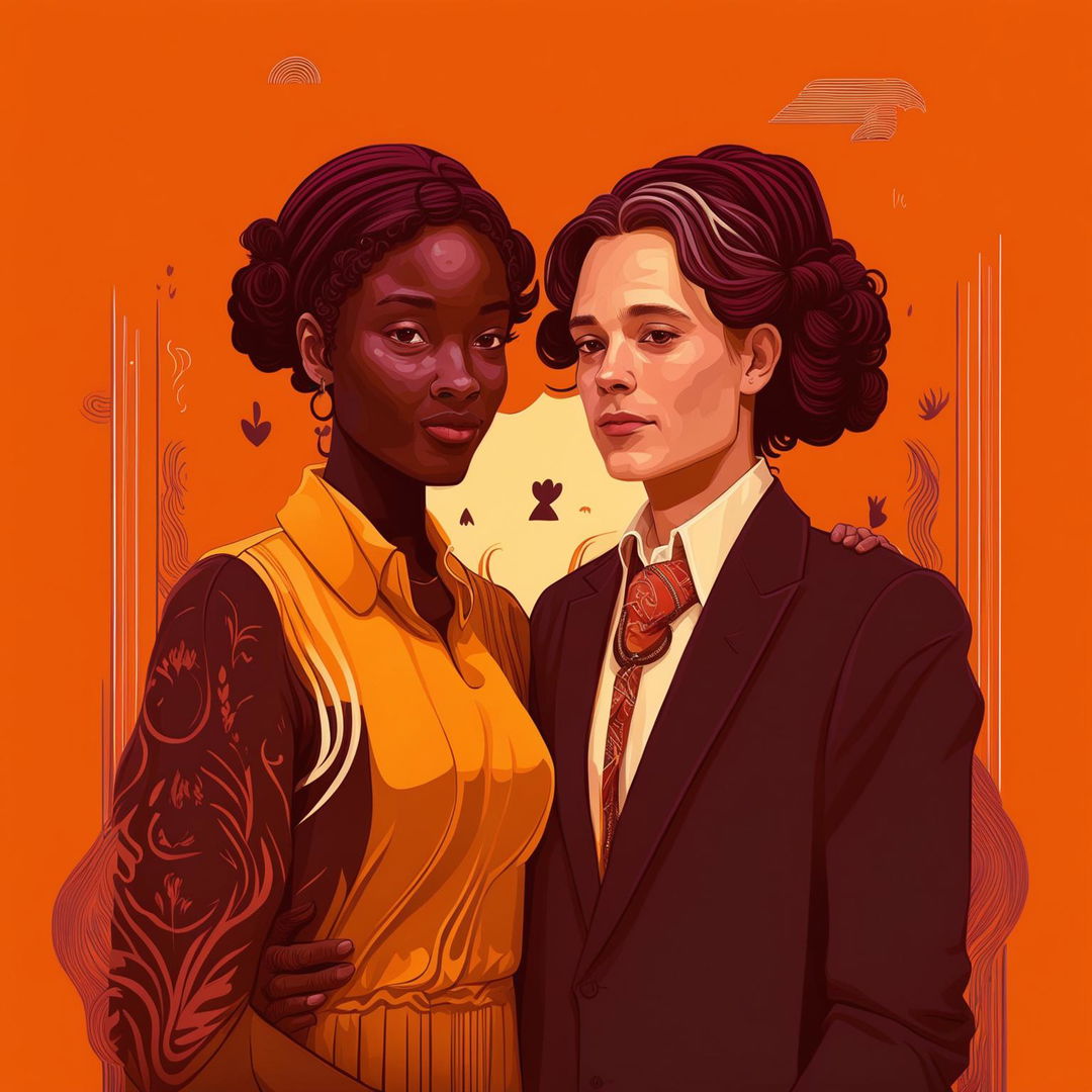 A detailed digital illustration of an interracial couple, featuring a white man and a woman of a different race