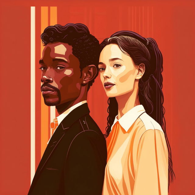 A detailed digital illustration of an interracial couple, featuring a white man and a woman of a different race