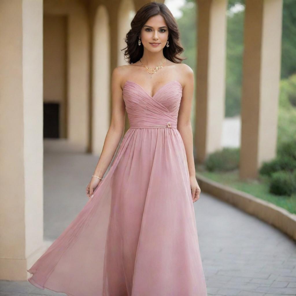 A stunning bridesmaid dress in old rose color, complemented with alluring gold jewelry