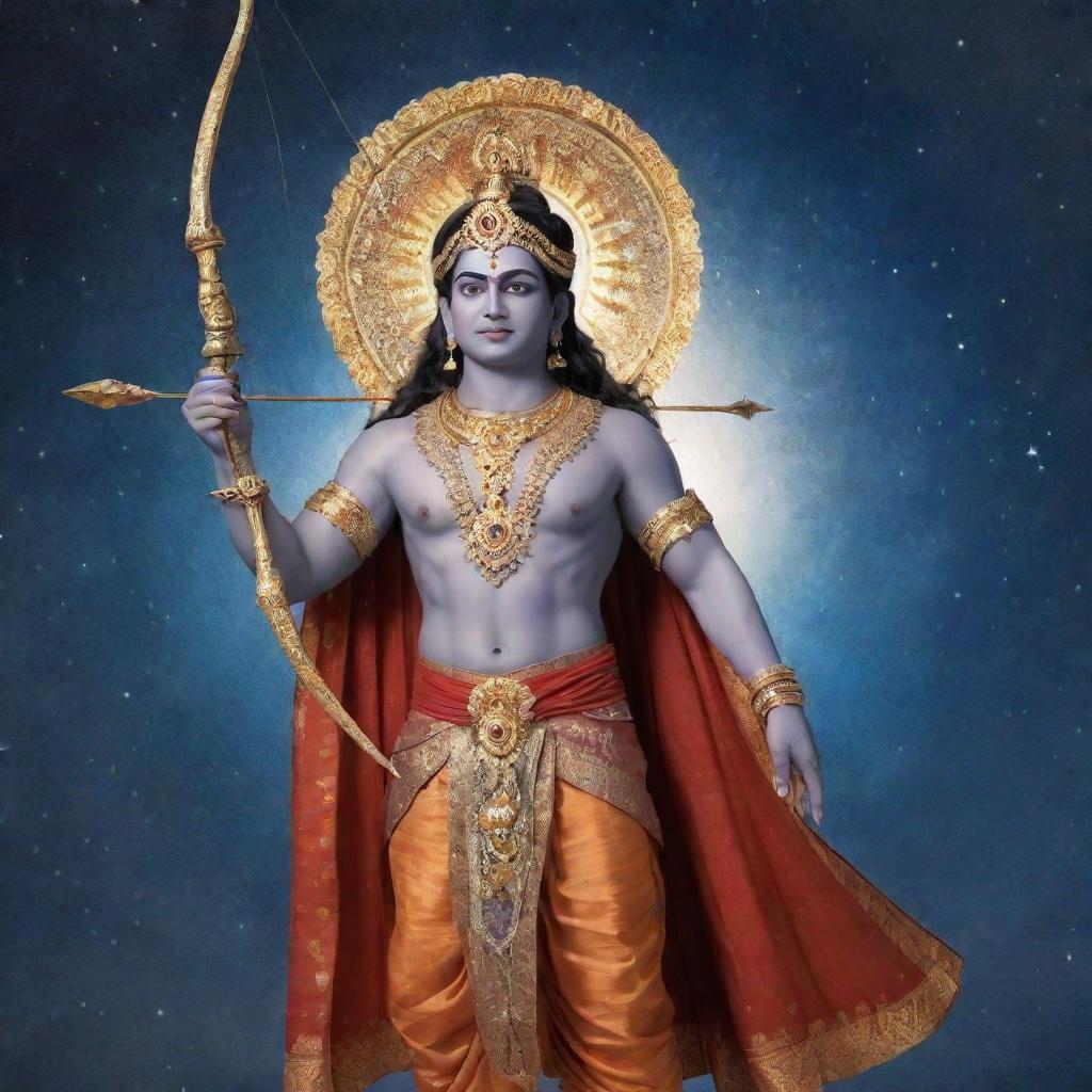 An artistic representation of Lord Rama, dressed in royal attire, holding a bow and arrow, set against a celestial backdrop with sacred symbols.