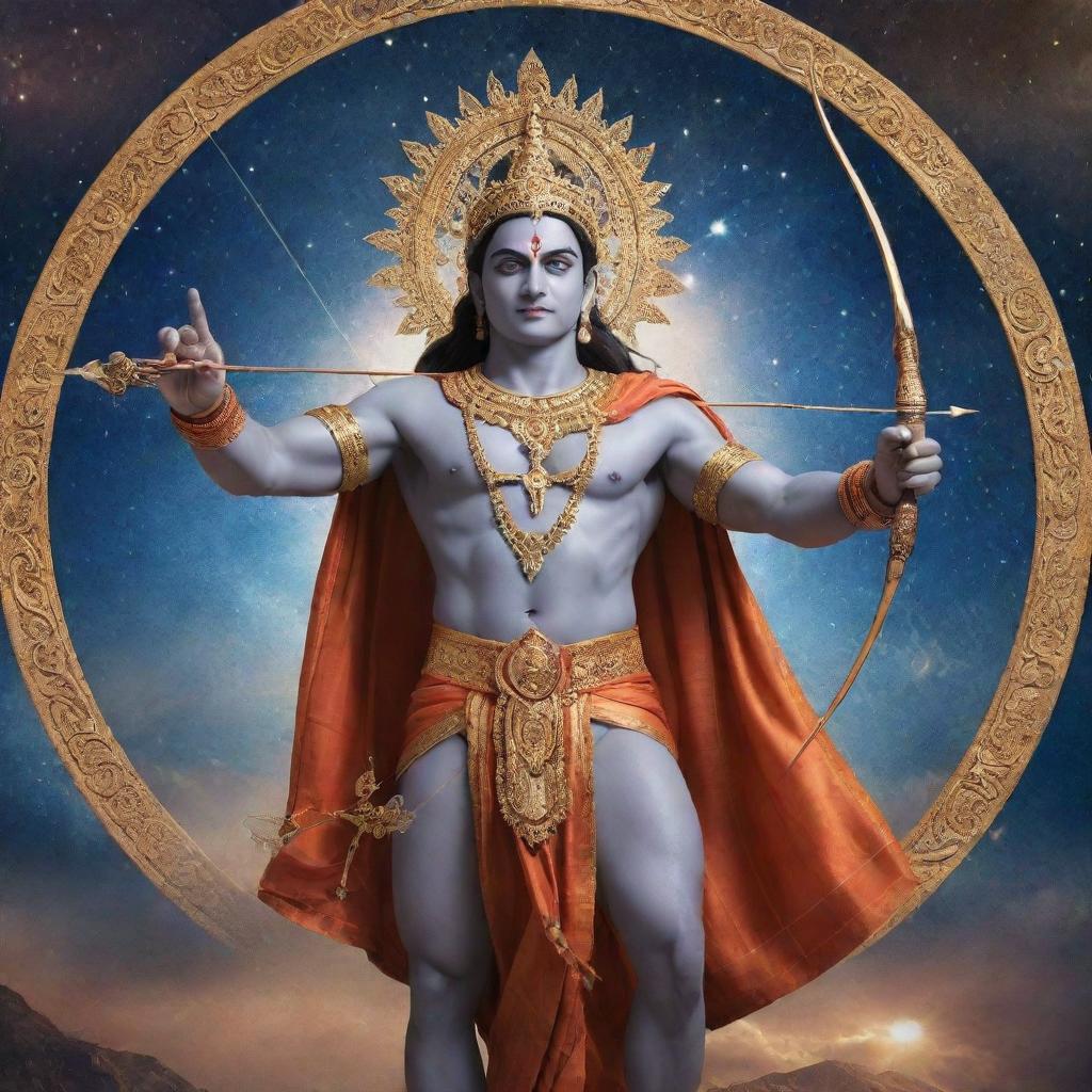 An artistic representation of Lord Rama, dressed in royal attire, holding a bow and arrow, set against a celestial backdrop with sacred symbols.