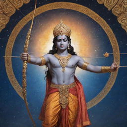 An artistic representation of Lord Rama, dressed in royal attire, holding a bow and arrow, set against a celestial backdrop with sacred symbols.