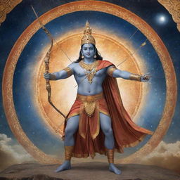 An artistic representation of Lord Rama, dressed in royal attire, holding a bow and arrow, set against a celestial backdrop with sacred symbols.