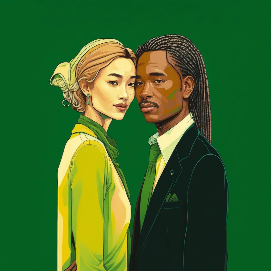 A detailed digital illustration of an interracial couple, featuring a white man and a woman of a different race