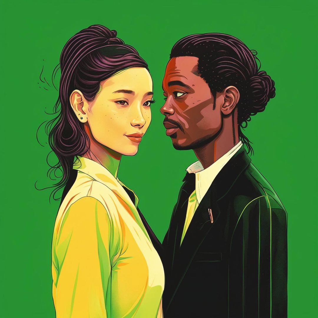 A detailed digital illustration of an interracial couple, featuring a white man and a woman of a different race