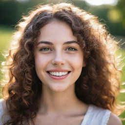 A portrait of a beautiful girl smiling, with sparkling eyes, wispy curls cascading down, and glowing under the soft sunlight.