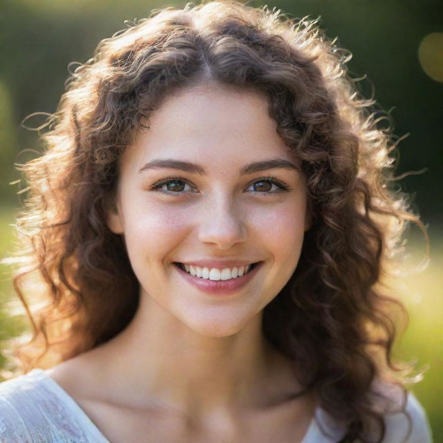 A portrait of a beautiful girl smiling, with sparkling eyes, wispy curls cascading down, and glowing under the soft sunlight.