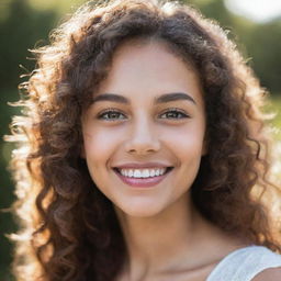 A portrait of a beautiful girl smiling, with sparkling eyes, wispy curls cascading down, and glowing under the soft sunlight.