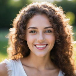 A portrait of a beautiful girl smiling, with sparkling eyes, wispy curls cascading down, and glowing under the soft sunlight.