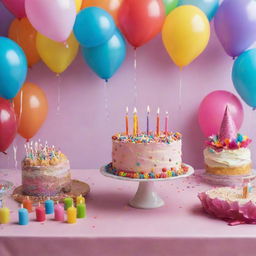 A vibrant and cheerful birthday scene, with a colorful cake topped by lit candles, birthday banners, balloons, and party hats on a table covered with gifts.