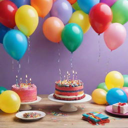 A vibrant and cheerful birthday scene, with a colorful cake topped by lit candles, birthday banners, balloons, and party hats on a table covered with gifts.