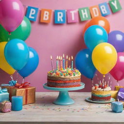 A vibrant and cheerful birthday scene, with a colorful cake topped by lit candles, birthday banners, balloons, and party hats on a table covered with gifts.