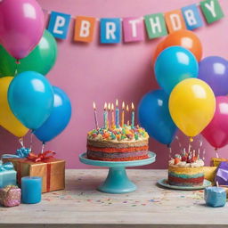 A vibrant and cheerful birthday scene, with a colorful cake topped by lit candles, birthday banners, balloons, and party hats on a table covered with gifts.