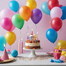 A vibrant and cheerful birthday scene, with a colorful cake topped by lit candles, birthday banners, balloons, and party hats on a table covered with gifts.