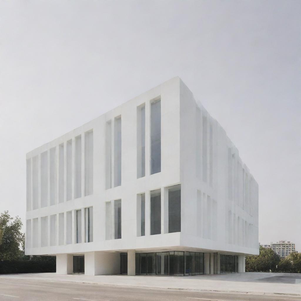 An image of a modern bank building, stark and elegant, depicted in a purely white minimalist aesthetic stand against a neutral background