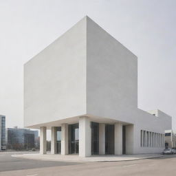 An image of a modern bank building, stark and elegant, depicted in a purely white minimalist aesthetic stand against a neutral background