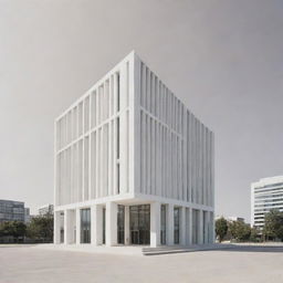 An image of a modern bank building, stark and elegant, depicted in a purely white minimalist aesthetic stand against a neutral background