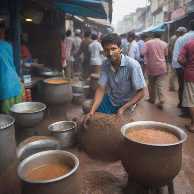 A chai wala in a vibrant market bustling with activity, curiously looking at the brewing chai in a traditional mud stove with customers waiting eagerly around his small, neatly organized street stall.