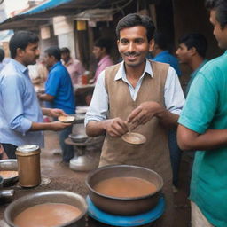 A chai wala in a vibrant market bustling with activity, curiously looking at the brewing chai in a traditional mud stove with customers waiting eagerly around his small, neatly organized street stall.