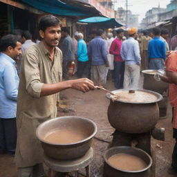 A chai wala in a vibrant market bustling with activity, curiously looking at the brewing chai in a traditional mud stove with customers waiting eagerly around his small, neatly organized street stall.