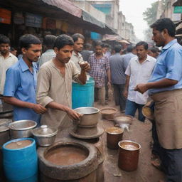 A chai wala in a vibrant market bustling with activity, curiously looking at the brewing chai in a traditional mud stove with customers waiting eagerly around his small, neatly organized street stall.