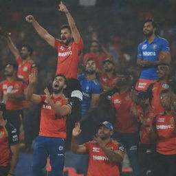 A grand cricket match in 2024 between Royal Challengers Bangalore (RCB) and Mumbai Indians (MI), filled with a captivated audience expressing their excitement.