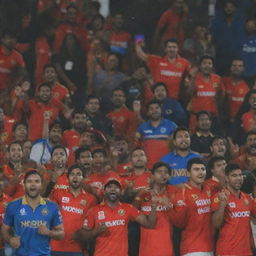 A grand cricket match in 2024 between Royal Challengers Bangalore (RCB) and Mumbai Indians (MI), filled with a captivated audience expressing their excitement.