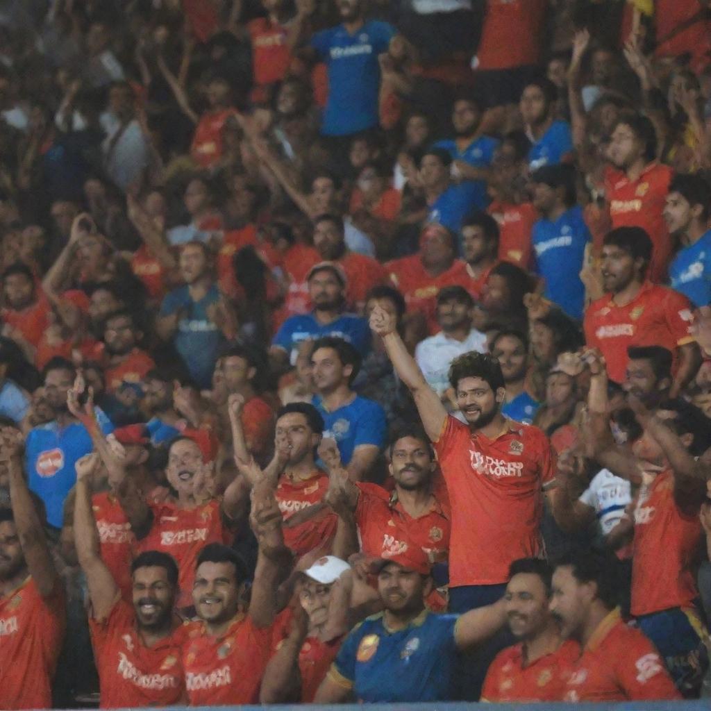 A grand cricket match in 2024 between Royal Challengers Bangalore (RCB) and Mumbai Indians (MI), filled with a captivated audience expressing their excitement.