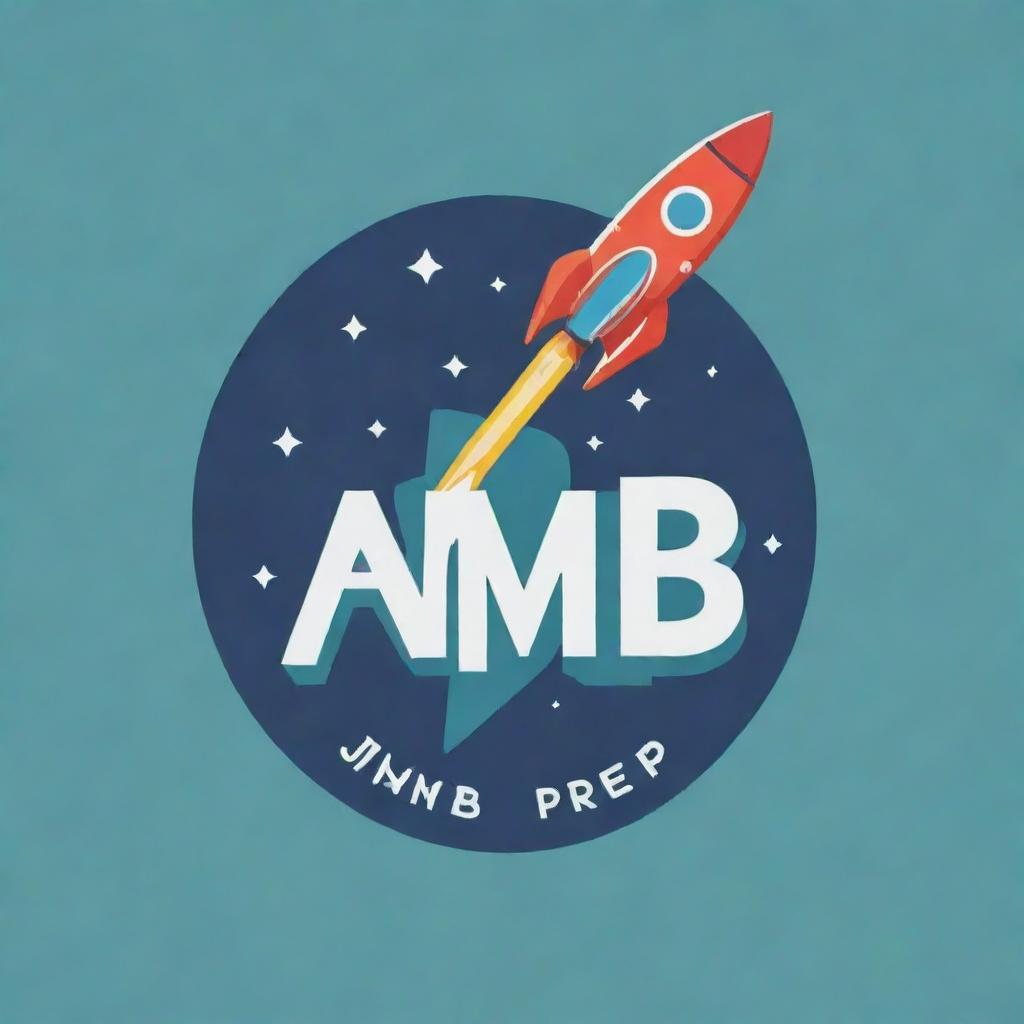 Design a logo containing the words 'JAMB PREP WITH ELLIOT', including a book and a rocket, in a stylish and engaging manner.