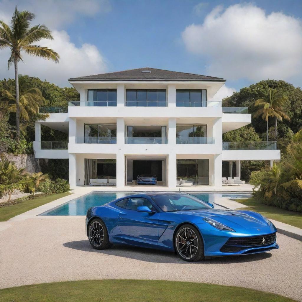 A lavish, luxury house situated in the middle of an idyllic island, complemented by a sleek sports car parked outside.