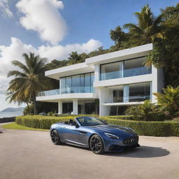 A lavish, luxury house situated in the middle of an idyllic island, complemented by a sleek sports car parked outside.