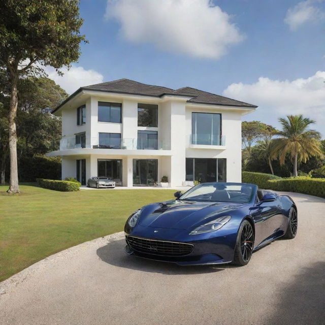 A lavish, luxury house situated in the middle of an idyllic island, complemented by a sleek sports car parked outside.