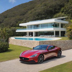 A lavish, luxury house situated in the middle of an idyllic island, complemented by a sleek sports car parked outside.