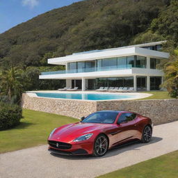 A lavish, luxury house situated in the middle of an idyllic island, complemented by a sleek sports car parked outside.