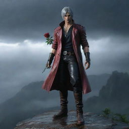 Dante from Devil May Cry, standing on a high cliff under rainfall, holding a delicate rose, and wearing a charming smile