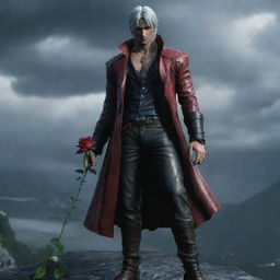 Dante from Devil May Cry, standing on a high cliff under rainfall, holding a delicate rose, and wearing a charming smile