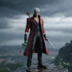 Dante from Devil May Cry, standing on a high cliff under rainfall, holding a delicate rose, and wearing a charming smile