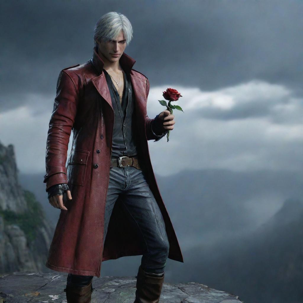 Dante from Devil May Cry, standing on a high cliff under rainfall, holding a delicate rose, and wearing a charming smile