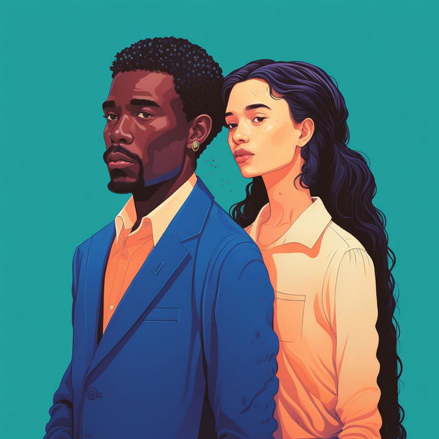 A detailed digital illustration of an interracial couple, featuring a white man and a woman of a different race