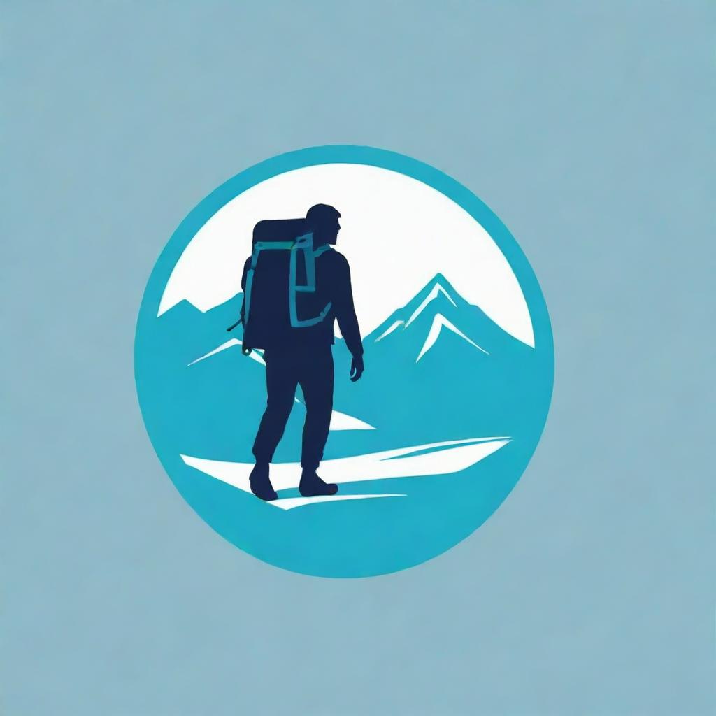 Design a logo for a mountain travel company named 'Bentala Adventure'. It should feature a mountain icon, a beach, and a silhouette of a person with a carrier backpack. The dominant color should be sea blue.