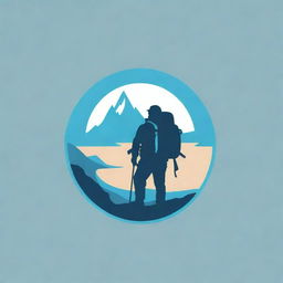 Design a logo for a mountain travel company named 'Bentala Adventure'. It should feature a mountain icon, a beach, and a silhouette of a person with a carrier backpack. The dominant color should be sea blue.