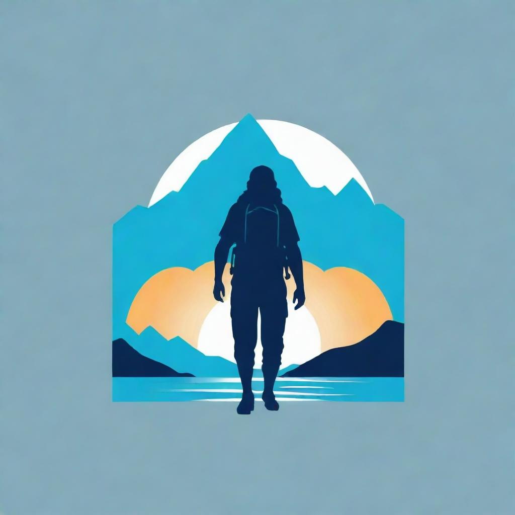 Design a logo for a mountain travel company named 'Bentala Adventure'. It should feature a mountain icon, a beach, and a silhouette of a person with a carrier backpack. The dominant color should be sea blue.