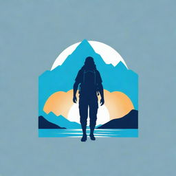 Design a logo for a mountain travel company named 'Bentala Adventure'. It should feature a mountain icon, a beach, and a silhouette of a person with a carrier backpack. The dominant color should be sea blue.