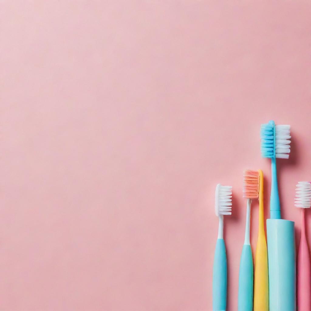 Create an aesthetic dental-themed background that has ample empty space for text. Include elements like toothbrushes, teeth, dental floss in a bright and inviting style.