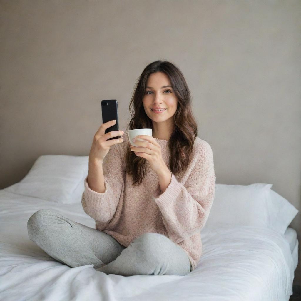 A woman comfortably seated on a bed, cradling a warm cup of coffee in her hands, capturing a selfie in a mirror