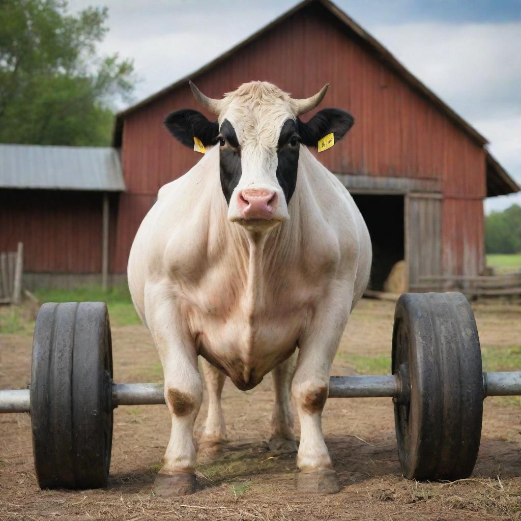 A muscular cow effortlessly lifting large, heavy weights with a determined expression against a rustic, country farm setting.