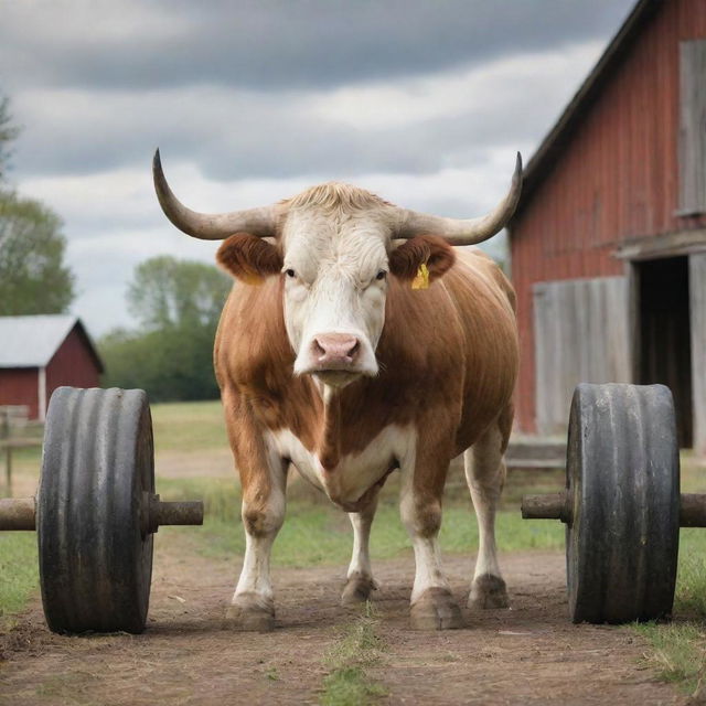 A muscular cow effortlessly lifting large, heavy weights with a determined expression against a rustic, country farm setting.